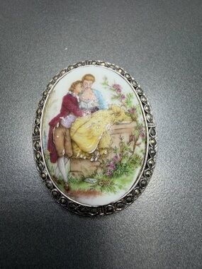 Vintage Limoges Brooch Courting Couple Yellow dress #107PO